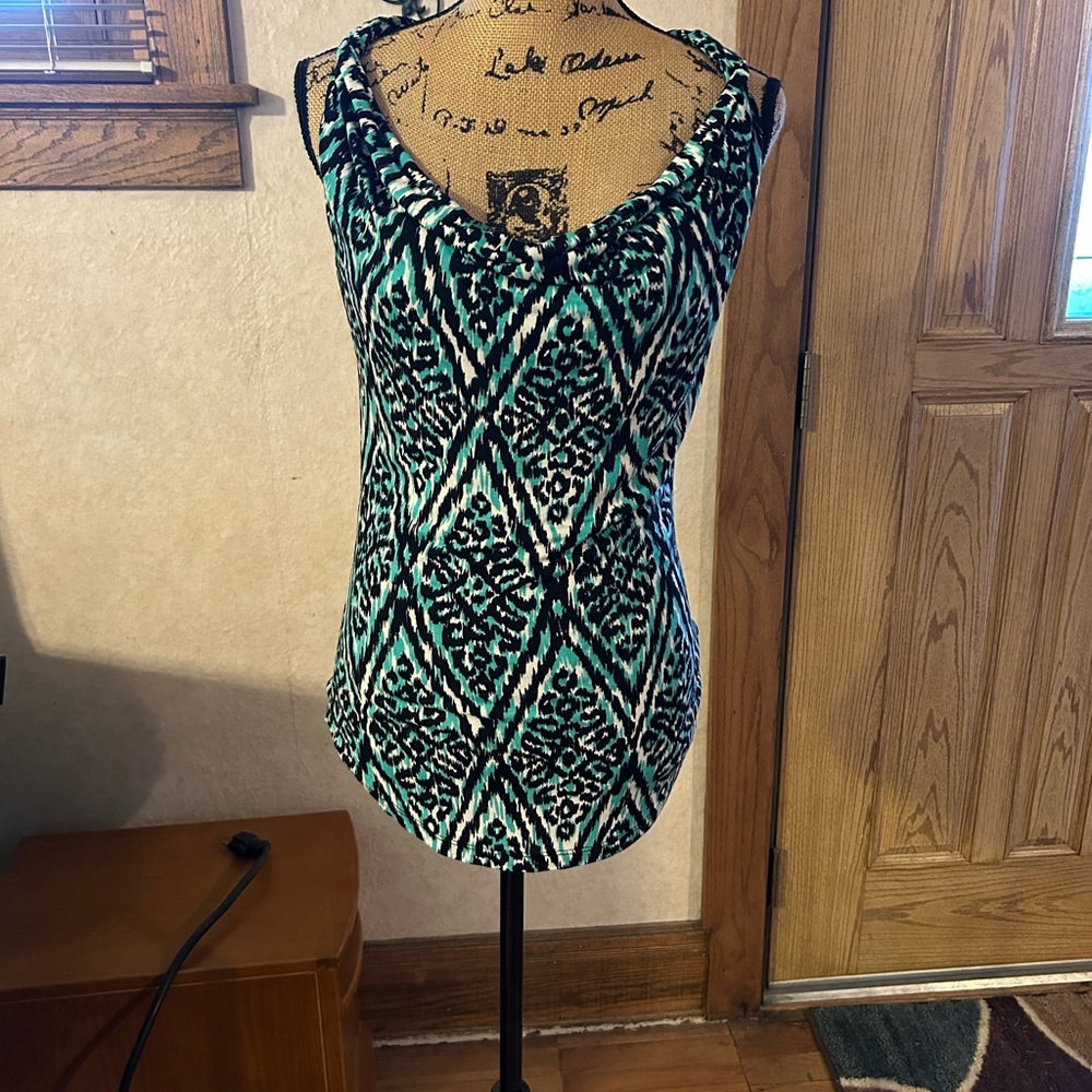 I.N.C. Medium animal print turquoise/black/white cowl neck top.